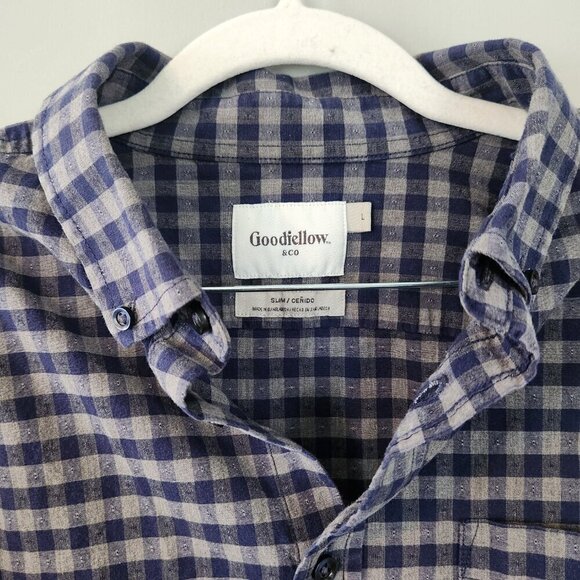 Goodfellow Men's Button Down Dress Shirt Blue and White Plaid Slim Fit. Sz Large - Picture 12 of 14